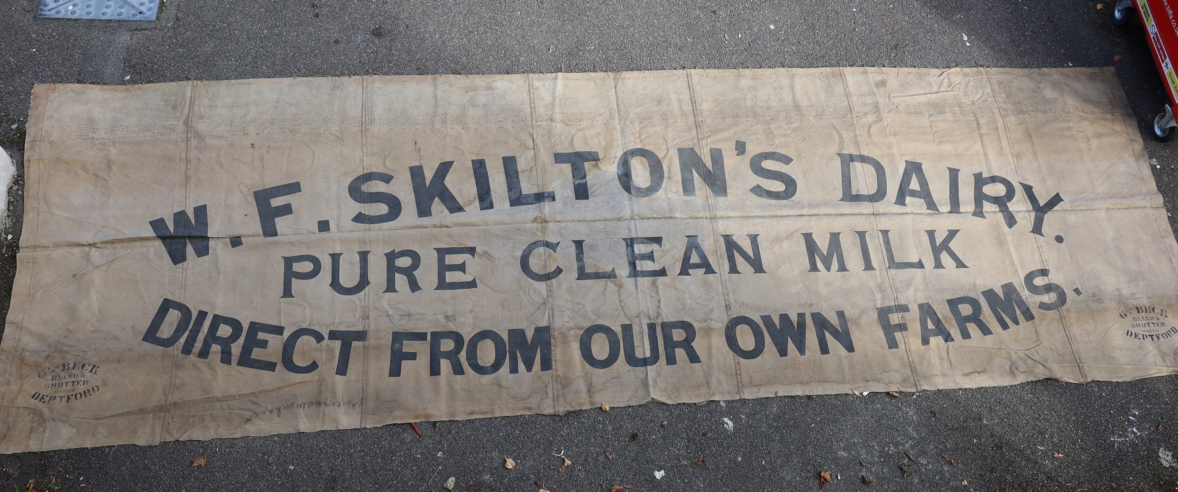 An early 20th Century Skilton Dairy canvas shop sign (van not included!)